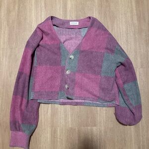 Pink purple and Gray Plaid Cardigan